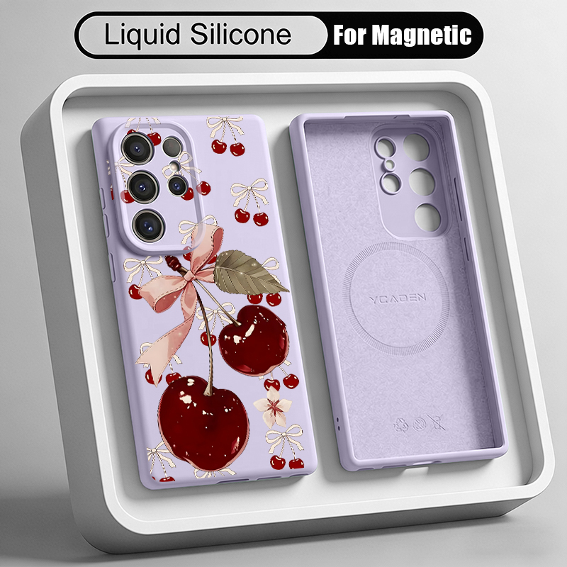 Liquid Silicone Magnetic Phone Case - チェリーパターン液体シリコン製スマホケース Samsung Galaxy S26 S25 S24