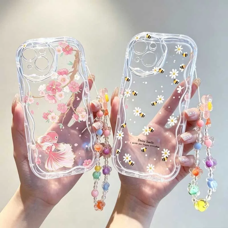 かわいい笑顔のミツバチと花のデザインが施された、Realme - Cute Cartoon Wrist Strap Silicone Case のレビューと価格